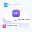 Illustration highlighting the key features of a digital audio product. A central icon with a sound wave is surrounded by three benefits: "Supports Digital Autonomy," "WCAG 2.2 AA Compliant," and "Works on Any Device".